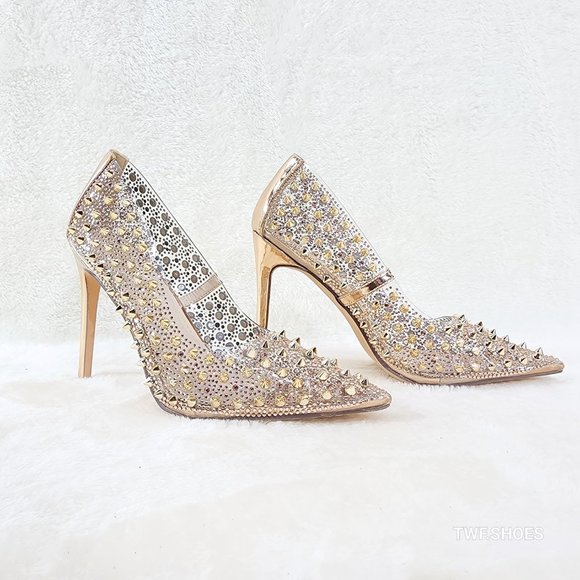 Spicy Stiletto PVC Clear Pumps Rose Gold Studs & Rhinestone Pumps High Heels - Picture 3 of 16